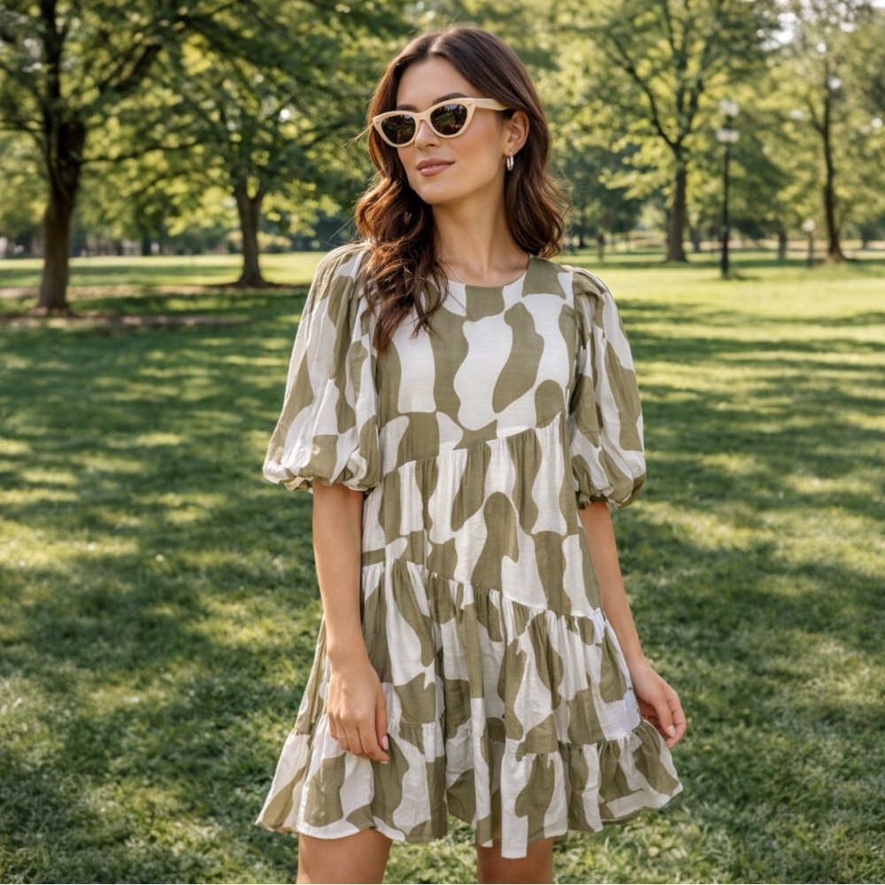 Moon River Anthropologie Geo Print Tiered Mini Dress Boho Puff Sleeve S
